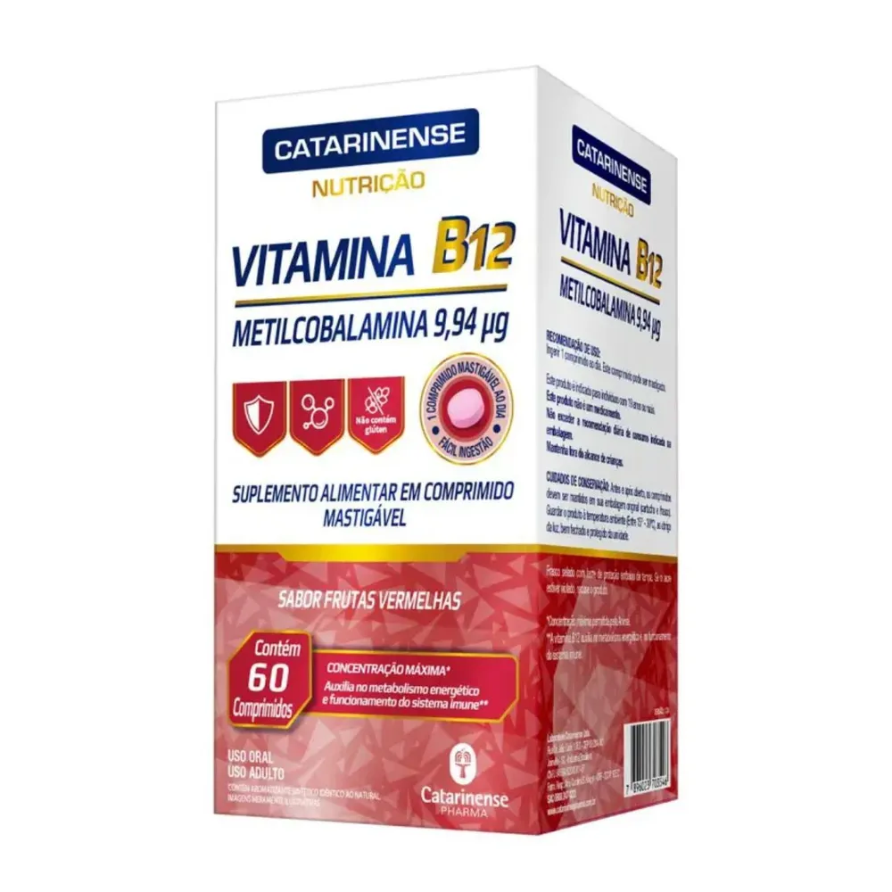 VITAMINA B12 CATARINENSE NUTRIÇÃO SABOR FRUTAS VERMELHAS 60 COMPRIMIDOS MASTIGÁVEIS